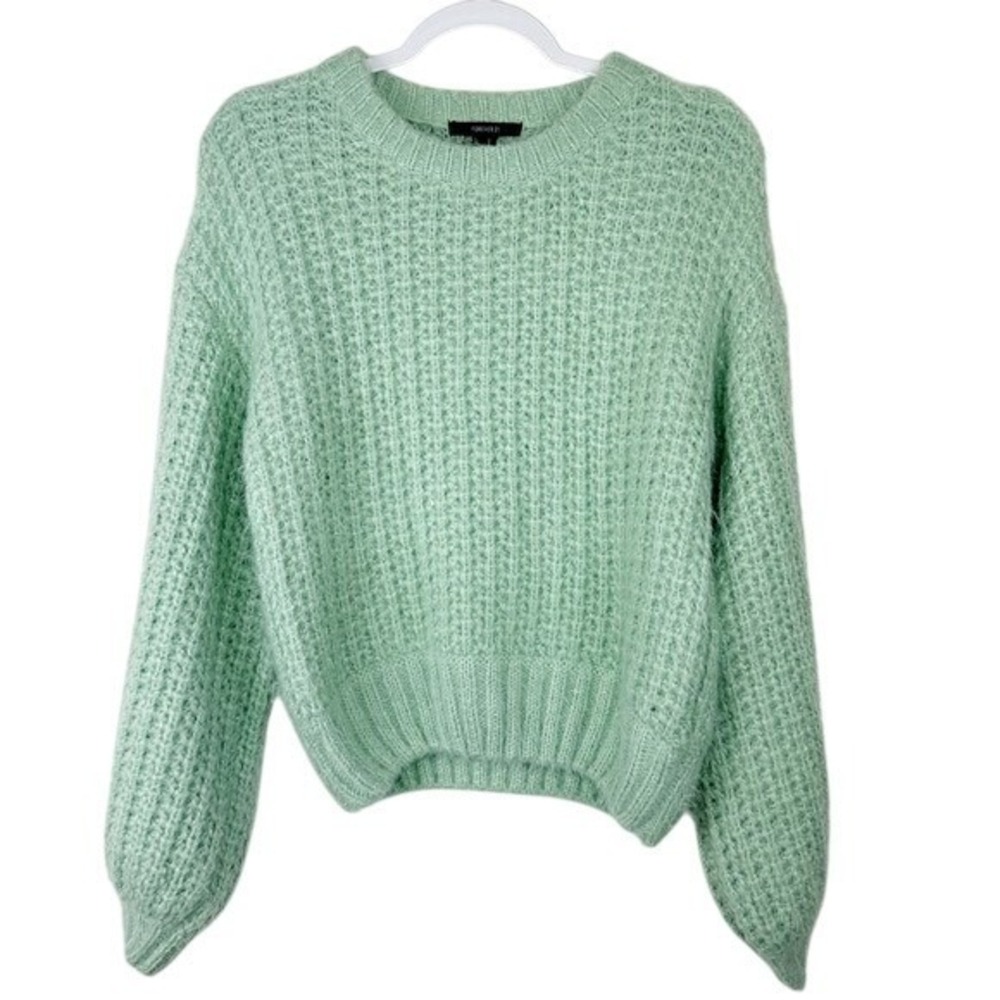 Forever 21 Mint Green Fuzzy Eyelash Waffle Knit Balloon Sleeve Sweater YP9306 M